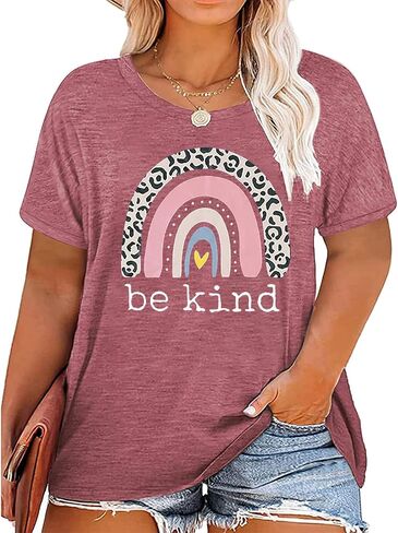 تي شيرت نسائي مقاس كبير Be Kind تي شيرت لطيف بألوان قوس قزح تي شيرت مضحك للمعلم بأكمام قصيرة قميص ملهم لطيف in Saudi Arabia