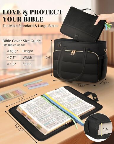 Large Bible Bag with Cover Case for Women, Church Bag with Shoulder Strap, Tote for Bible Study Supplies, Christian Gift (Black) in Kuwait