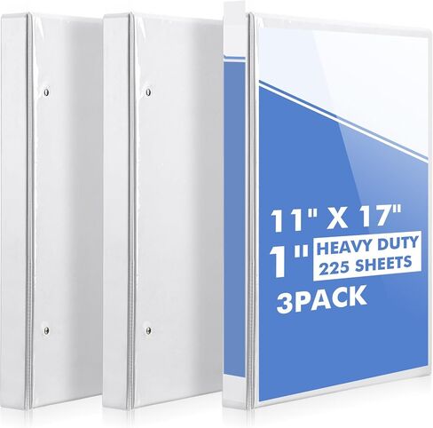 3 Pcs 11" x 17" 3 Ring Binder 1 Inch Large D Ring Binders with Pockets Presentation Folder View with Customizable Clear Cover for Documents Files Projects(White) in Saudi Arabia