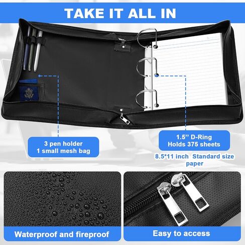 2 Pcs 1.5 Inch Binder 3 Ring Fireproof Waterproof, D Ring Binder with Zipper, Holds 375 Sheets for 8.5"x11", Pen Holder, for Office Home Collection Organizer Gifts in Saudi Arabia