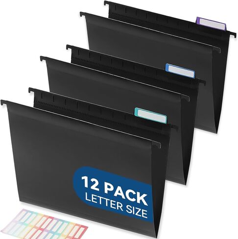Plastic Hanging File Folders, Letter Size, 12 Pack Hanging Folders, with Insertable 1/5-Cut Tabs for Filing Cabinets - Black in Kuwait
