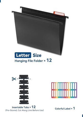 Plastic Hanging File Folders, Letter Size, 12 Pack Hanging Folders, with Insertable 1/5-Cut Tabs for Filing Cabinets - Black in Kuwait