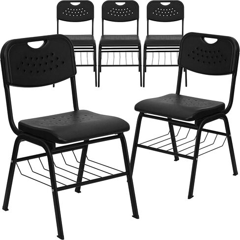 Flash Furniture 5 Pack Hercules Series 880 LB. سعة كرسي بلاستيكي أسود مع إطار أسود وسلة كتب in Kuwait