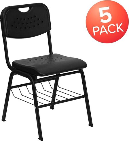 Flash Furniture 5 Pack Hercules Series 880 LB. سعة كرسي بلاستيكي أسود مع إطار أسود وسلة كتب in Kuwait