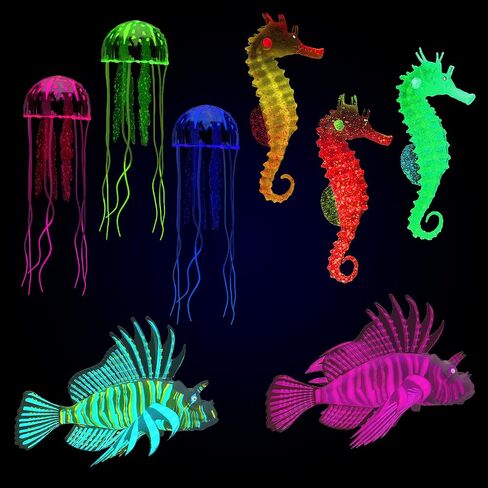 Patelai 8 Pcs Glow in The Dark Fish Tank Decorations Silicone Floating Artificial Jellyfish Fluorescent Lionfish Seahorse for Aquarium Decoration Small Large Fish Bowl Decor Accessories (Dreamy Color) in Saudi Arabia