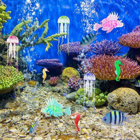 Patelai 8 Pcs Glow in The Dark Fish Tank Decorations Silicone Floating Artificial Jellyfish Fluorescent Lionfish Seahorse for Aquarium Decoration Small Large Fish Bowl Decor Accessories (Dreamy Color) in Saudi Arabia