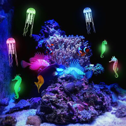 Patelai 8 Pcs Glow in The Dark Fish Tank Decorations Silicone Floating Artificial Jellyfish Fluorescent Lionfish Seahorse for Aquarium Decoration Small Large Fish Bowl Decor Accessories (Dreamy Color) in Saudi Arabia