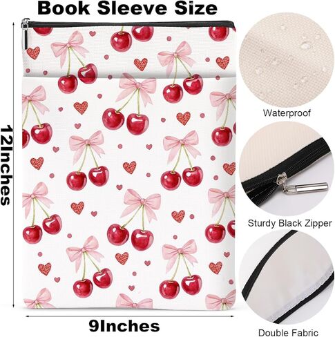 Cherry Bows Decor Book Lovers Gifts Waterproof Book Sleeve Books Pouch Books Protector with Zipper and Front Pocket Bookish Gifts Cover Case for Women Girl Friend Reader Reading Accessories in Kuwait