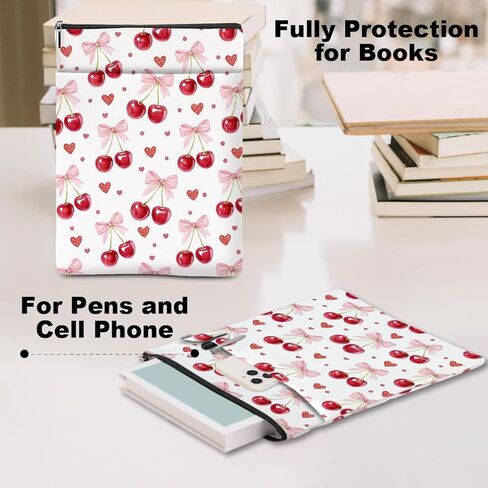 Cherry Bows Decor Book Lovers Gifts Waterproof Book Sleeve Books Pouch Books Protector with Zipper and Front Pocket Bookish Gifts Cover Case for Women Girl Friend Reader Reading Accessories in Kuwait