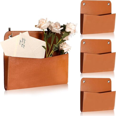 3 Pcs PU Leather Mail Holder Wall Mount Brown PU Leather Letter Holder Vintage Wall File Organizer 2 Ring Binder Hanging File Holder for Decor Storage Letter Postcards Bill Flowers Office Home in Kuwait