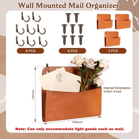 3 Pcs PU Leather Mail Holder Wall Mount Brown PU Leather Letter Holder Vintage Wall File Organizer 2 Ring Binder Hanging File Holder for Decor Storage Letter Postcards Bill Flowers Office Home in Kuwait