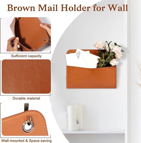 3 Pcs PU Leather Mail Holder Wall Mount Brown PU Leather Letter Holder Vintage Wall File Organizer 2 Ring Binder Hanging File Holder for Decor Storage Letter Postcards Bill Flowers Office Home in Kuwait