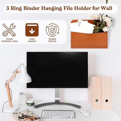 3 Pcs PU Leather Mail Holder Wall Mount Brown PU Leather Letter Holder Vintage Wall File Organizer 2 Ring Binder Hanging File Holder for Decor Storage Letter Postcards Bill Flowers Office Home in Kuwait