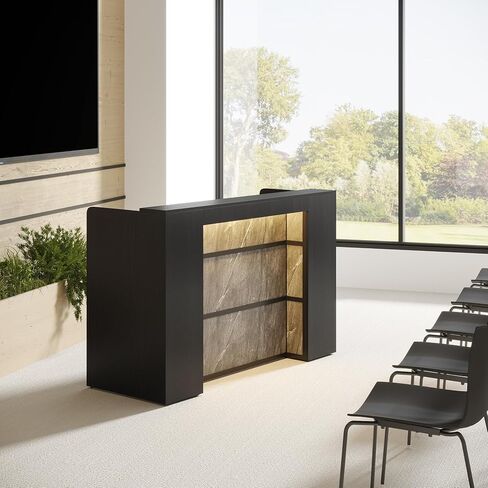 Tribesigns 63-Inch Lectern Podium Stand with Storage Shelf, Modern Conference Podium Table Wood Teacher Speaker Desk Hostess Stand with LED Lights for Classroom Office Conference, Black and Brown in Saudi Arabia