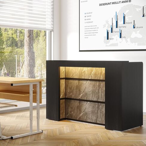Tribesigns 63-Inch Lectern Podium Stand with Storage Shelf, Modern Conference Podium Table Wood Teacher Speaker Desk Hostess Stand with LED Lights for Classroom Office Conference, Black and Brown in Saudi Arabia