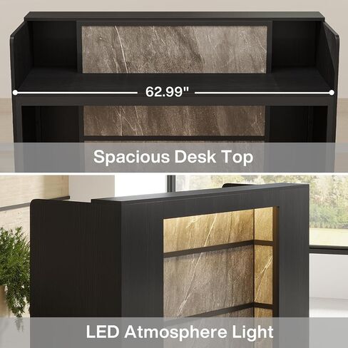 Tribesigns 63-Inch Lectern Podium Stand with Storage Shelf, Modern Conference Podium Table Wood Teacher Speaker Desk Hostess Stand with LED Lights for Classroom Office Conference, Black and Brown in Saudi Arabia