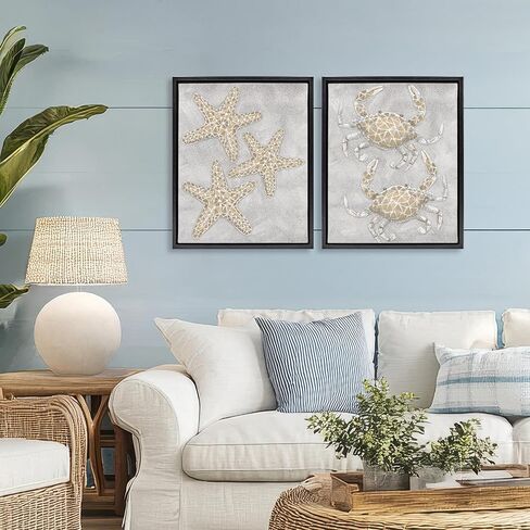 Stupell Industries Gray Starffish & Crab Drawing 2 قطعة من القماش البني ذو الإطارات الفواهية التصميم بواسطة Patti Bishop ، 21 × 17 in Kuwait