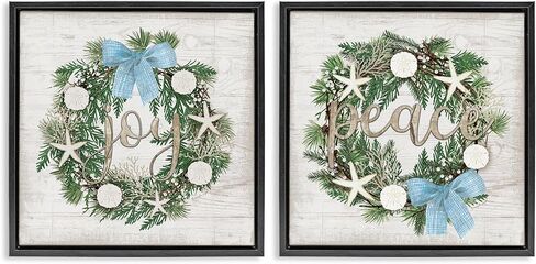 Stupell Industries Coastal Peace & Joy Wereats 2 قطعة ذهبية مؤطرة القماش مجموعة تصميم من قبل Jennifer Pugh ، 25 × 25 in Kuwait