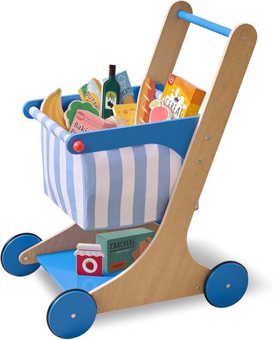 Teamson Kids Wooden Shopping Cart for Toddlers with 13 Pretend Grocery Accessories Push Walker Play Food Toy with Rolling Wheels Blue and White Striped Basket for Boys Girls Ages 3+ Safety Certified in Saudi Arabia