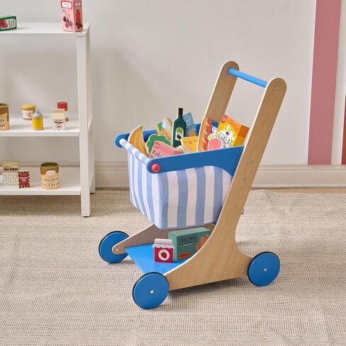 Teamson Kids Wooden Shopping Cart for Toddlers with 13 Pretend Grocery Accessories Push Walker Play Food Toy with Rolling Wheels Blue and White Striped Basket for Boys Girls Ages 3+ Safety Certified in Saudi Arabia