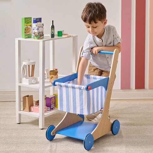 Teamson Kids Wooden Shopping Cart for Toddlers with 13 Pretend Grocery Accessories Push Walker Play Food Toy with Rolling Wheels Blue and White Striped Basket for Boys Girls Ages 3+ Safety Certified in Saudi Arabia