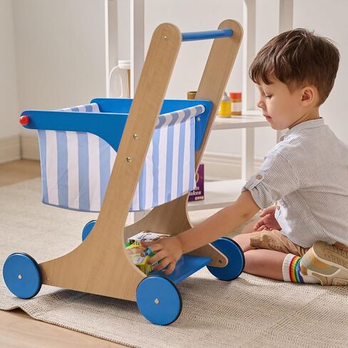 Teamson Kids Wooden Shopping Cart for Toddlers with 13 Pretend Grocery Accessories Push Walker Play Food Toy with Rolling Wheels Blue and White Striped Basket for Boys Girls Ages 3+ Safety Certified in Saudi Arabia