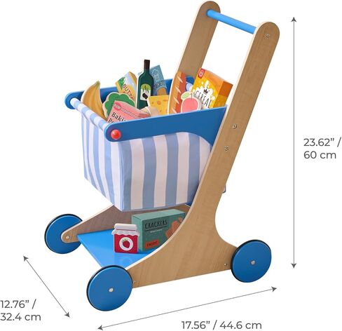 Teamson Kids Wooden Shopping Cart for Toddlers with 13 Pretend Grocery Accessories Push Walker Play Food Toy with Rolling Wheels Blue and White Striped Basket for Boys Girls Ages 3+ Safety Certified in Saudi Arabia