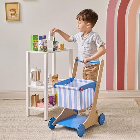 Teamson Kids Wooden Shopping Cart for Toddlers with 13 Pretend Grocery Accessories Push Walker Play Food Toy with Rolling Wheels Blue and White Striped Basket for Boys Girls Ages 3+ Safety Certified in Saudi Arabia