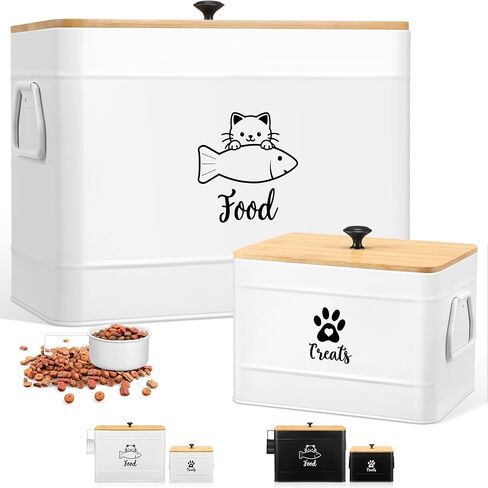Extra Large Metal Cat Food Containers Airtight 12+3.5 lbs Cat Treat Snack Jars Set of 2 with Bamboo Lids and Spoons Farmhouse Big Pet Cookie Storage Jars for Kitchen Counter Gifts(Black) in Saudi Arabia