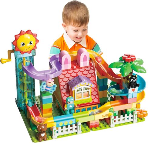 Kid Marble Run Building Blocks with Elevator Spiral Lift,Gift Toy Bricks Marble Maze Ball Race Track Set with Motorized Elevator,Big Blocks Educational STEM for 3 4 5 6 7 8 Year Old Boys Girls in Saudi Arabia