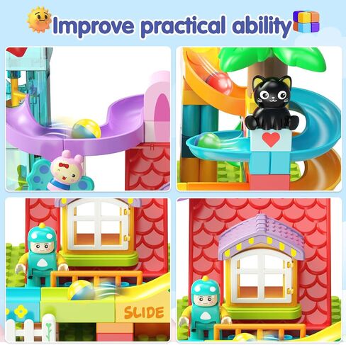 Kid Marble Run Building Blocks with Elevator Spiral Lift,Gift Toy Bricks Marble Maze Ball Race Track Set with Motorized Elevator,Big Blocks Educational STEM for 3 4 5 6 7 8 Year Old Boys Girls in Saudi Arabia