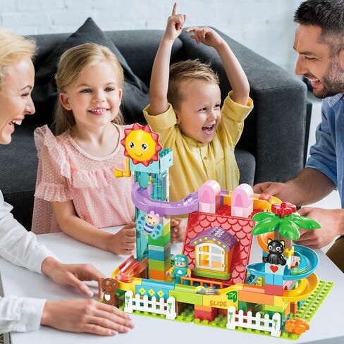 Kid Marble Run Building Blocks with Elevator Spiral Lift,Gift Toy Bricks Marble Maze Ball Race Track Set with Motorized Elevator,Big Blocks Educational STEM for 3 4 5 6 7 8 Year Old Boys Girls in Saudi Arabia