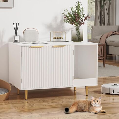 Litter Box Enclosure, Cat House Litter Box Furniture Hidden with Scratching Mat, Modern Cat Washroom Indoor, Side End Table, Storage Cabinet Bench for Living Room, Bedroom, Black in Saudi Arabia