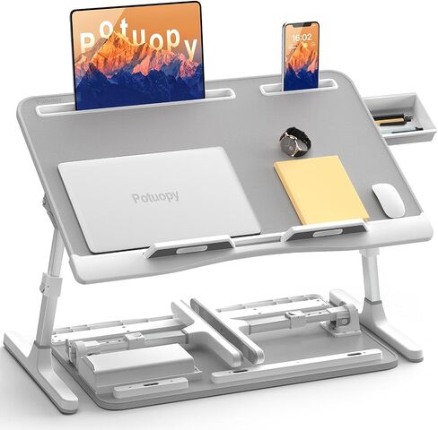Laptop Bed Table, Potuopy Adjustable Leather Computer Lap Desk, Wide X-Large Folding Bed Desk Tray with Drawer on Couch Floor Bed for Writing Eating Drawing Working, Black in Saudi Arabia