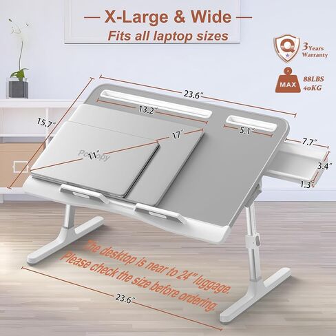 Laptop Bed Table, Potuopy Adjustable Leather Computer Lap Desk, Wide X-Large Folding Bed Desk Tray with Drawer on Couch Floor Bed for Writing Eating Drawing Working, Black in Saudi Arabia