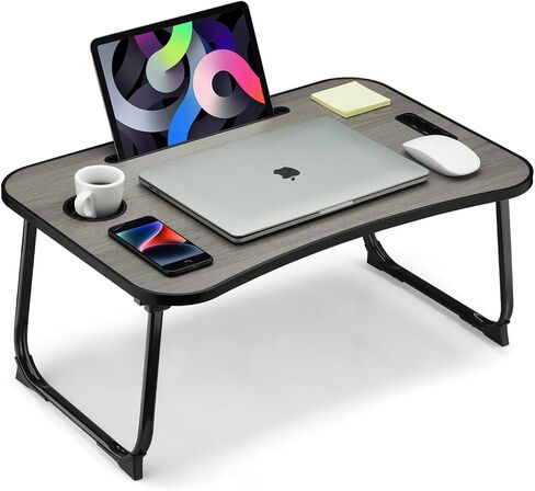 Foldable Lap Desk, Laptop Bed Desk, Portable Lap Table, Laptop Bed Table with Cup Holder & Tablet Slot & Lifting Handle for Working Writing Drawing & Eating - Gray Wood in Saudi Arabia