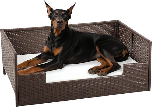 Dwvo Rattan Dog House في الهواء الطلق داخليًا مع وسادة ، وسرير أريكة الكلب للكلاب الصغيرة والمتوسطة والكبيرة ، 24.8'l*19.7'w*9.8'h ، beige in Kuwait