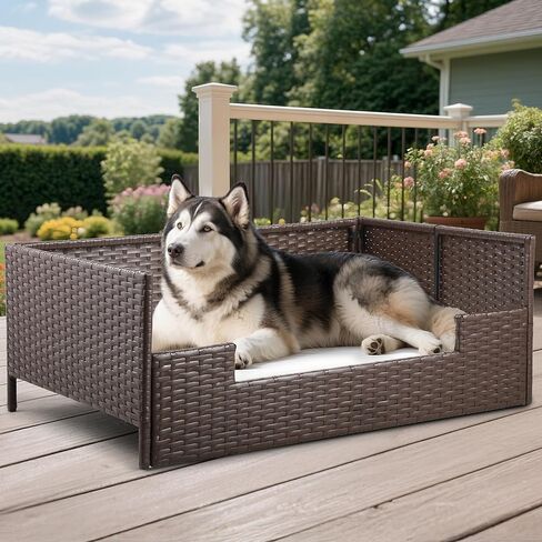 Dwvo Rattan Dog House في الهواء الطلق داخليًا مع وسادة ، وسرير أريكة الكلب للكلاب الصغيرة والمتوسطة والكبيرة ، 24.8'l*19.7'w*9.8'h ، beige in Kuwait