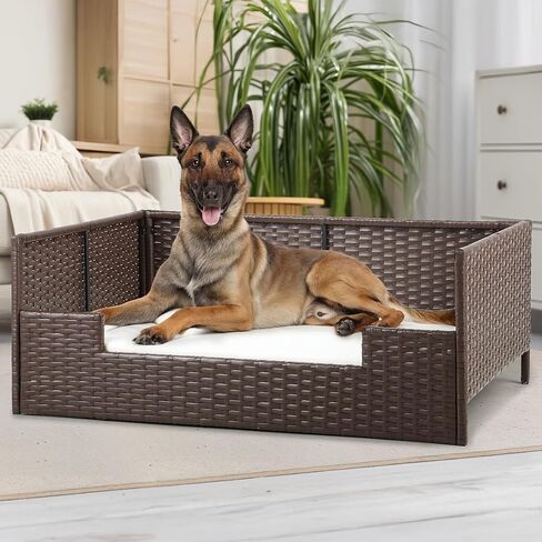 Dwvo Rattan Dog House في الهواء الطلق داخليًا مع وسادة ، وسرير أريكة الكلب للكلاب الصغيرة والمتوسطة والكبيرة ، 24.8'l*19.7'w*9.8'h ، beige in Kuwait