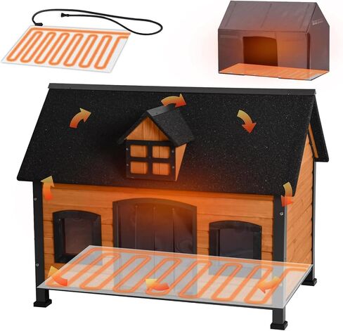 Heated Dog House with Insulated Liner Anti-Chewing Metal Frame Design Insulated Wooden Dog Kennel with Unique Design Roof, Weatherproof Dog House for Outdoor Indoor in Kuwait