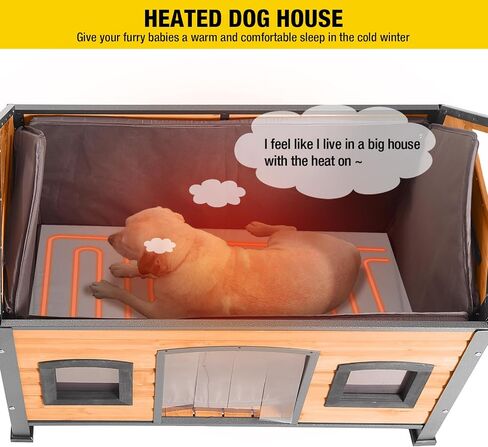 Heated Dog House with Insulated Liner Anti-Chewing Metal Frame Design Insulated Wooden Dog Kennel with Unique Design Roof, Weatherproof Dog House for Outdoor Indoor in Kuwait