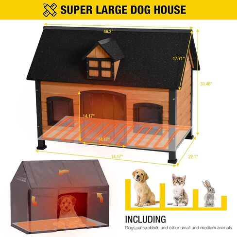 Heated Dog House with Insulated Liner Anti-Chewing Metal Frame Design Insulated Wooden Dog Kennel with Unique Design Roof, Weatherproof Dog House for Outdoor Indoor in Kuwait