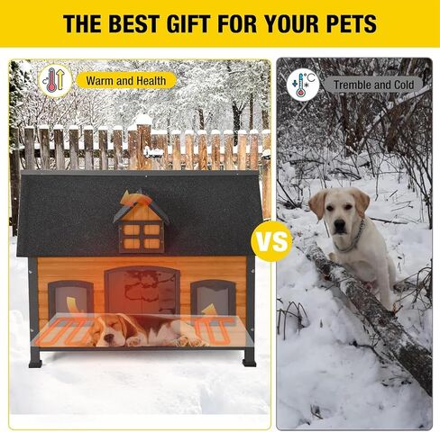 Heated Dog House with Insulated Liner Anti-Chewing Metal Frame Design Insulated Wooden Dog Kennel with Unique Design Roof, Weatherproof Dog House for Outdoor Indoor in Kuwait