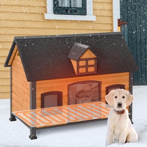 Heated Dog House with Insulated Liner Anti-Chewing Metal Frame Design Insulated Wooden Dog Kennel with Unique Design Roof, Weatherproof Dog House for Outdoor Indoor in Kuwait