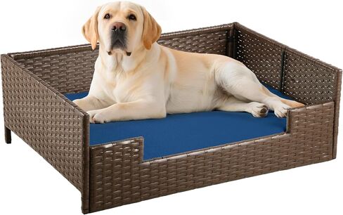 Dwvo Rattan Dog House في الهواء الطلق داخليًا مع وسادة ، وسرير أريكة الكلب للكلاب الصغيرة والمتوسطة والكبيرة ، 24.8'l*19.7'w*9.8'h ، beige in Kuwait