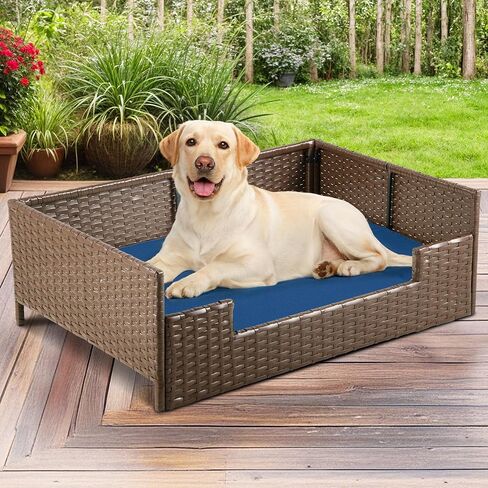 Dwvo Rattan Dog House في الهواء الطلق داخليًا مع وسادة ، وسرير أريكة الكلب للكلاب الصغيرة والمتوسطة والكبيرة ، 24.8'l*19.7'w*9.8'h ، beige in Kuwait