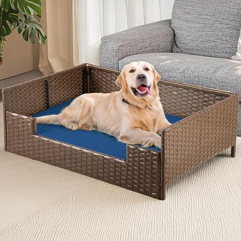 Dwvo Rattan Dog House في الهواء الطلق داخليًا مع وسادة ، وسرير أريكة الكلب للكلاب الصغيرة والمتوسطة والكبيرة ، 24.8'l*19.7'w*9.8'h ، beige in Kuwait