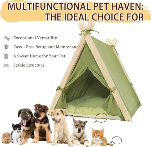 Dog Teepee Tent Bed Indoor,Pet Teepee House for Small Dogs & Cats,Thick Washable Cushion,Portable Dog Tent Bed, Puppy Play House,Grass Green in Saudi Arabia