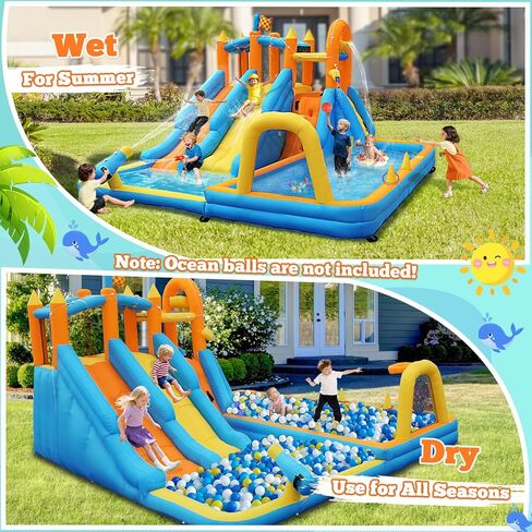 شريحة مياه منزلية ترتد ، 10 في 1 شريحة مياه قابلة للنفخ للأطفال ، ومتنزه مائي مع منفاخ ، ومندفعات الماء ، والقفز ، والدائرة ، وجدار التسلق ، وخطوف كرة السلة ، وتفجير شرائح المياه الخلفية الداخلية في الهواء الطلق in Kuwait