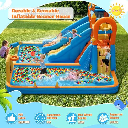 شريحة مياه منزلية ترتد ، 10 في 1 شريحة مياه قابلة للنفخ للأطفال ، ومتنزه مائي مع منفاخ ، ومندفعات الماء ، والقفز ، والدائرة ، وجدار التسلق ، وخطوف كرة السلة ، وتفجير شرائح المياه الخلفية الداخلية في الهواء الطلق in Kuwait